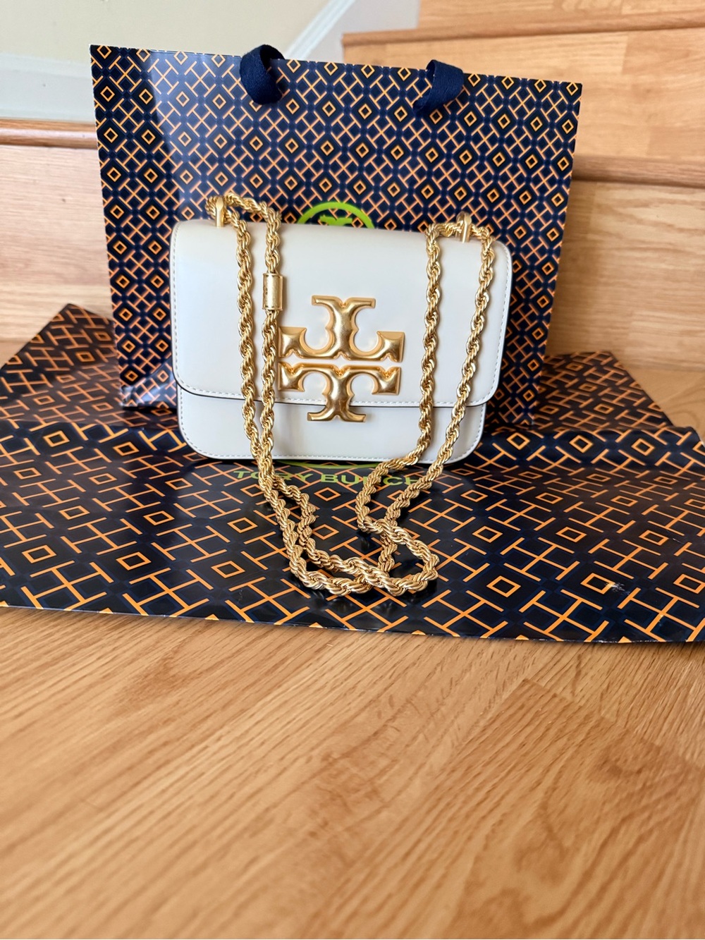 Tory Burch Cream Leather Crossbody with Gold Chain